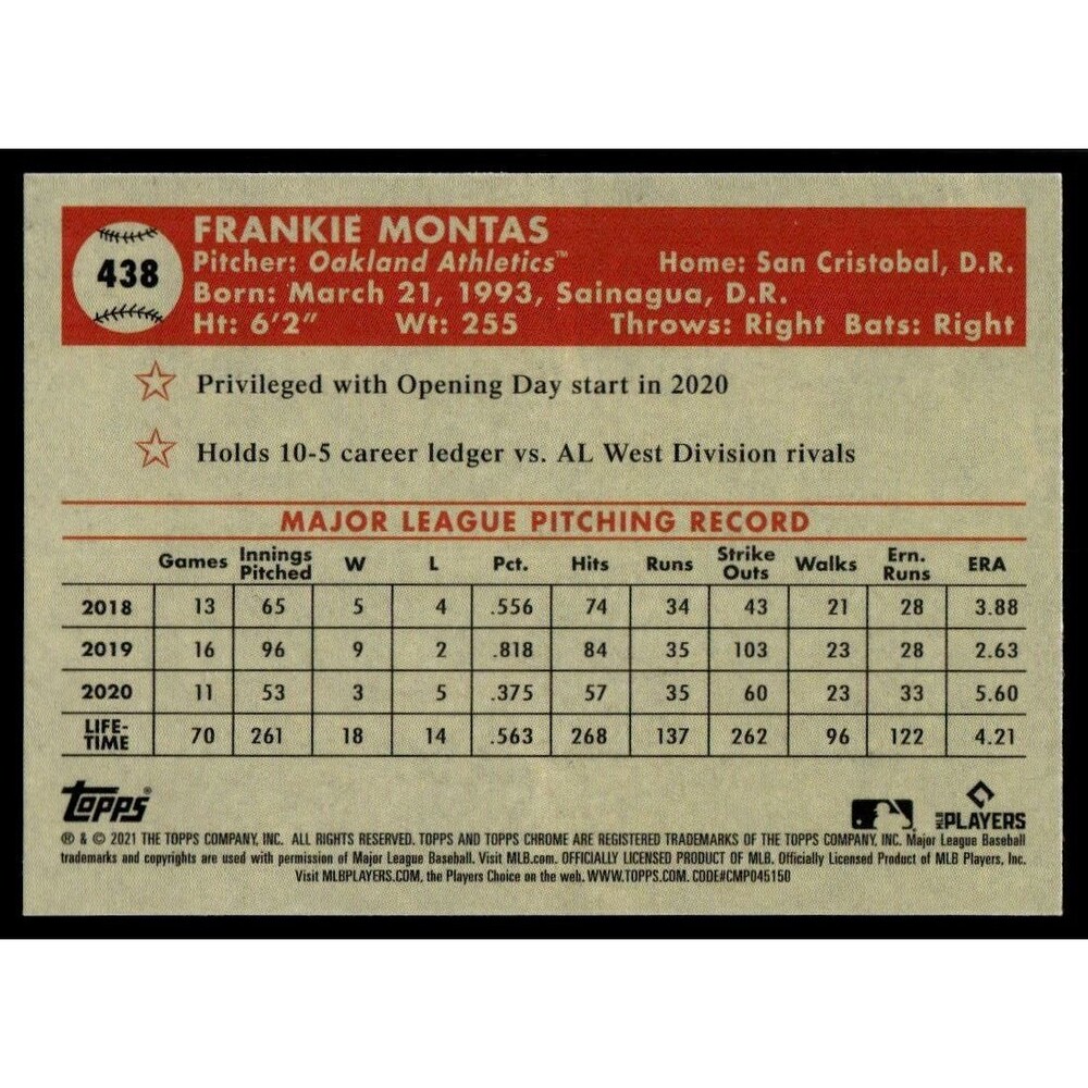 2021 Topps Chrome Platinum Anniversary Frankie Montas Oakland Athletics #438 - Picture 2 of 2